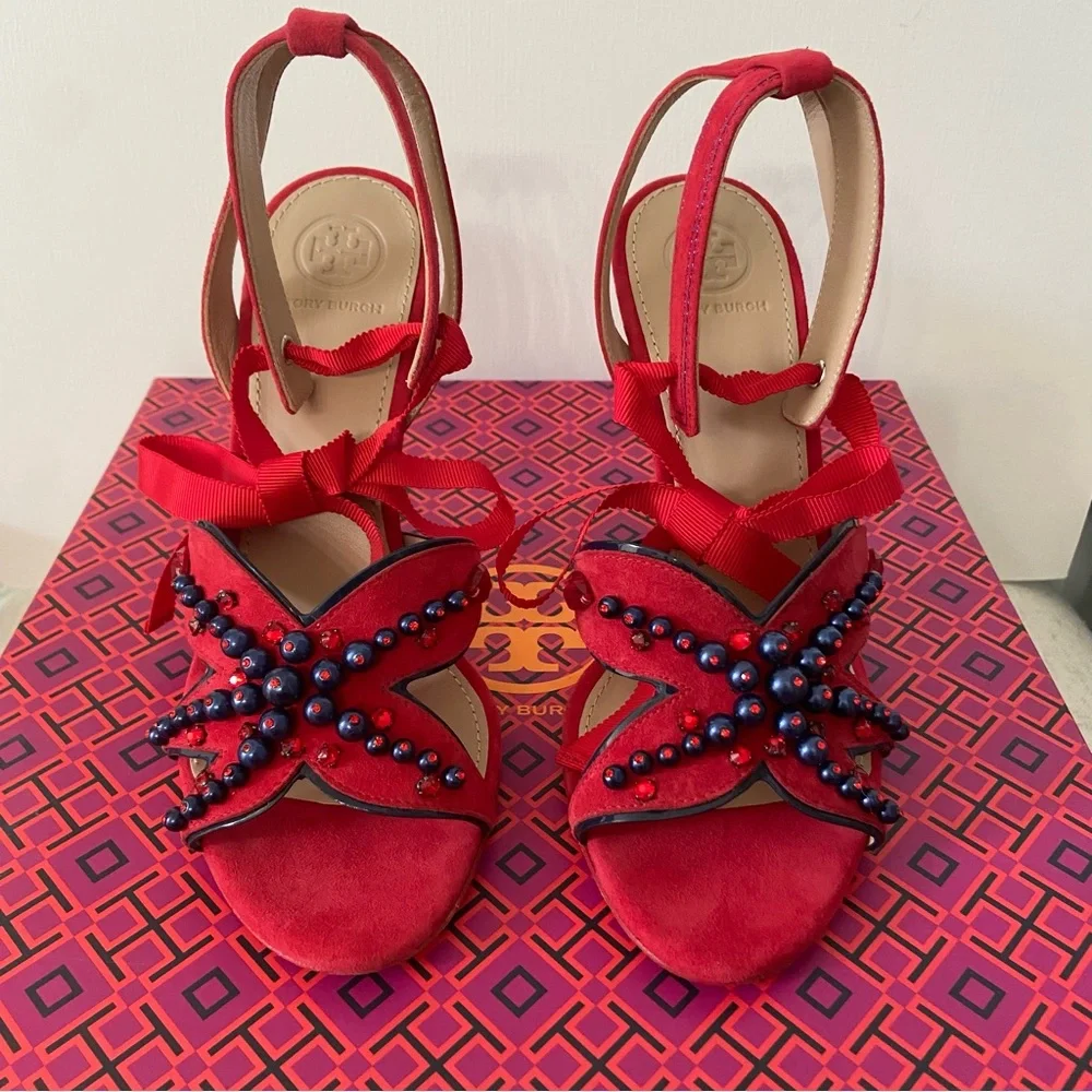 TORY BURCH NIB Seaside Red Suede Beaded Ribbon Ankle Strap Heels 7